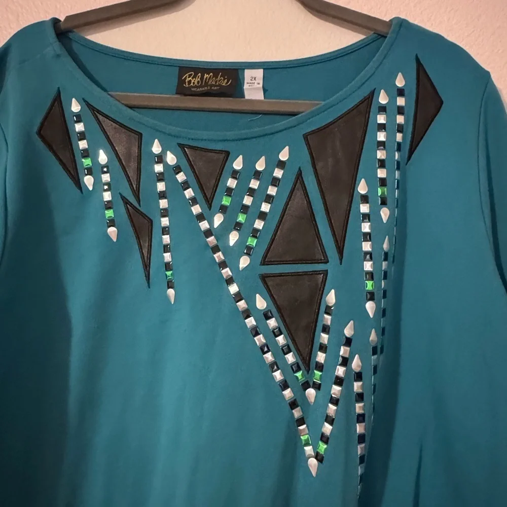 Bob Mackie Wearable Art Teal and Black Geometric Long Sleeve Top Size 2X